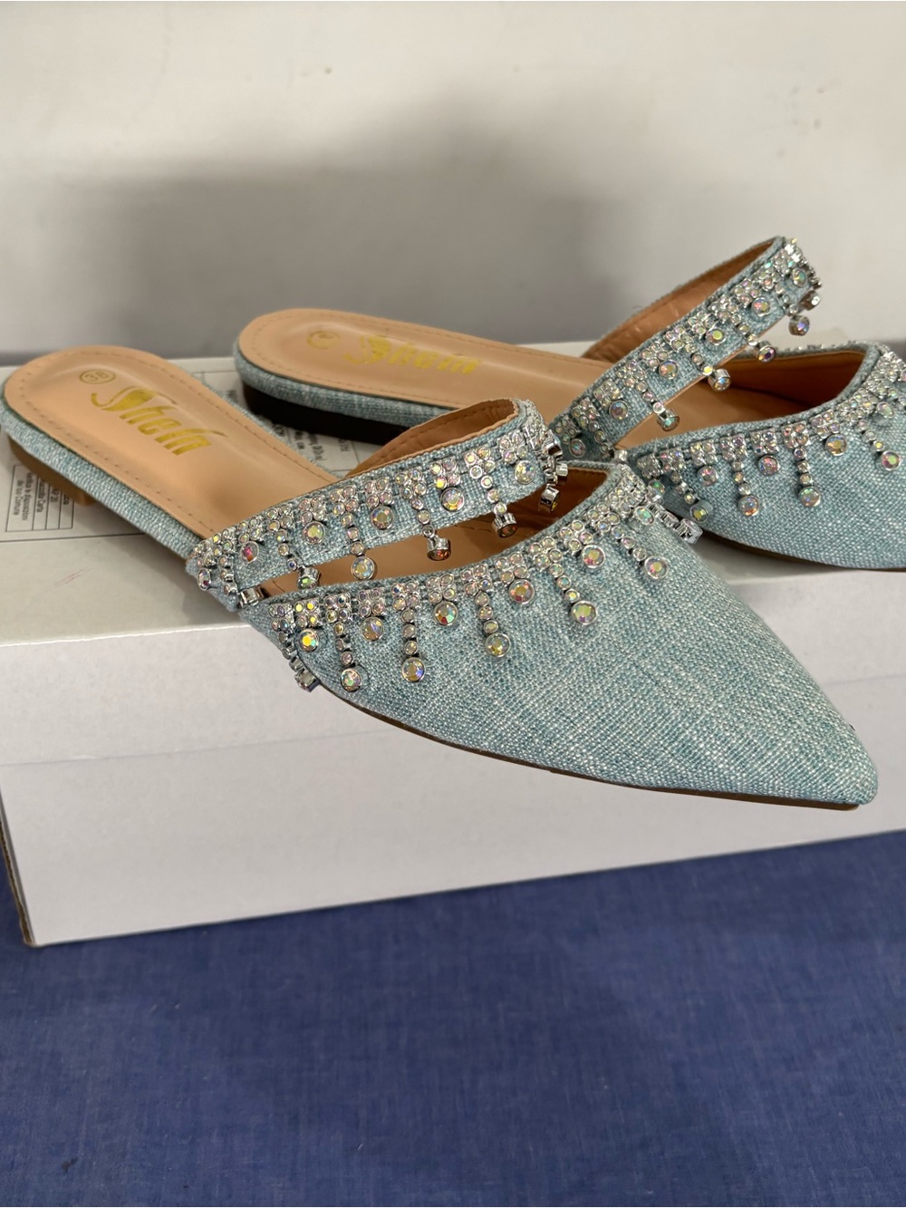 SHEIN Light Blue Jeweled Pointed Toe Mules